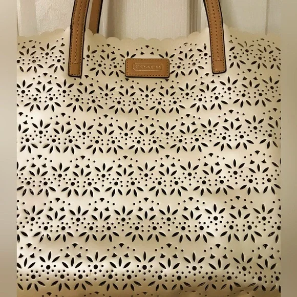 #006. COACH Metro Eyelet Perforated Tote - metallic cream & tan leather handles